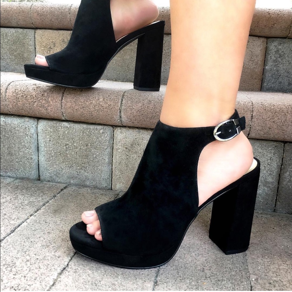 Black Chic Kid Suede Peep Toe Block Heel Platform - Picture 2 of 6